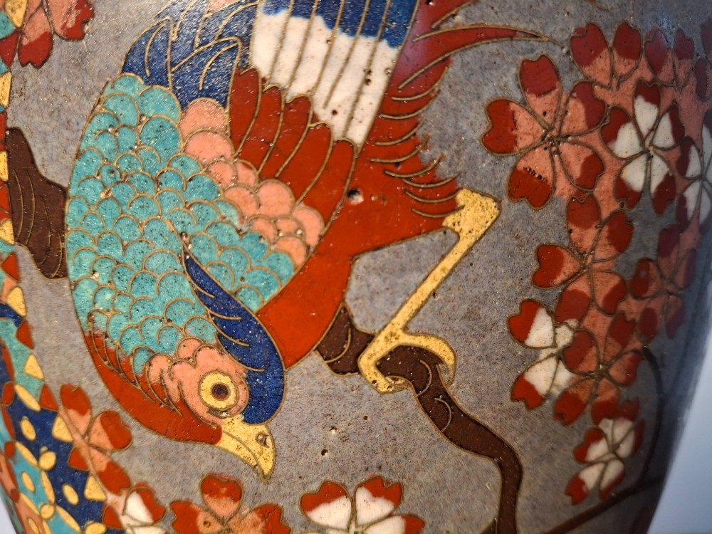 A nineteenth-century Japanese cloisonne enamel ginger jar featuring a patterned mosaic design and a colourful bird among floral motifs. View XIII