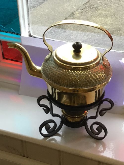 fig 1. Victorian brass kettle & spirit burner on wrought iron stand