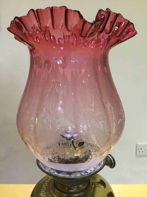Oil Lamp with Etched Ruby Glass Shade, Victorian French.