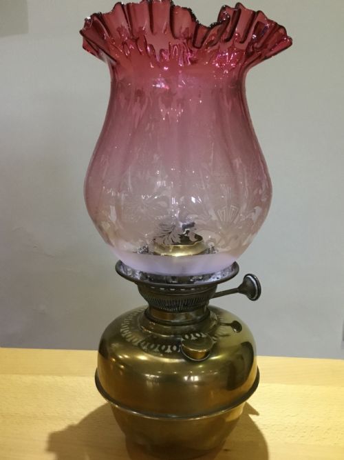 fig 1. Oil Lamp with etched ruby glass shade, Victorian French.