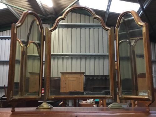 Trifold Mirror on Brass Columns,walnut Framed & Gilt Decorated