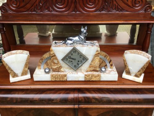 Art Deco Coloured Marble & Chrome Clock Set