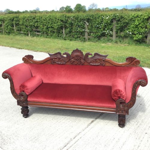 Fabulous Double Scroll End Settee in Carved Mahogany. Victorian.