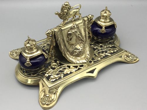 Exceptional Victorian Brass Gentleman’s Double Inkwell Desk Stand