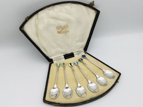 Fabulous Cased Set of Enamel & Silver Teaspoons