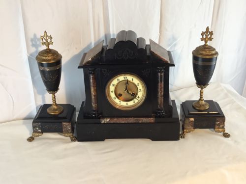 Victorian Garniture Clock Set, Slate, Marble & Gilt