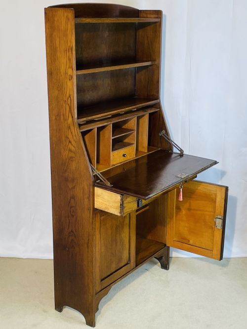 Slim 1920’S Honey Oak Bureau Bookshelf Cabinet