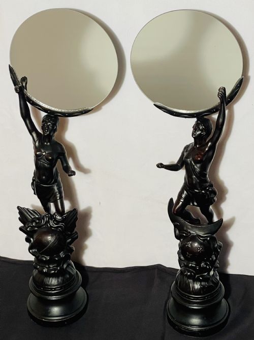 PAIR ART NOVEAU SPELTER FIGURE MIRRORS - ADDITIONAL PHOTO 1