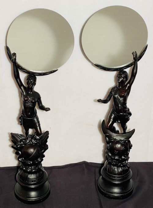 PAIR ART NOVEAU SPELTER FIGURE MIRRORS - ADDITIONAL PHOTO 2