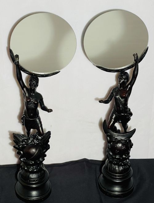 PAIR ART NOVEAU SPELTER FIGURE MIRRORS - ADDITIONAL PHOTO 3