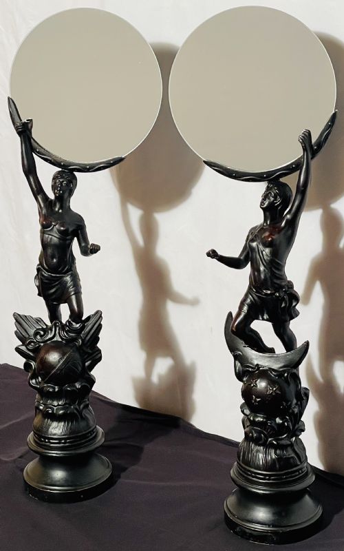 PAIR ART NOVEAU SPELTER FIGURE MIRRORS - ADDITIONAL PHOTO 4