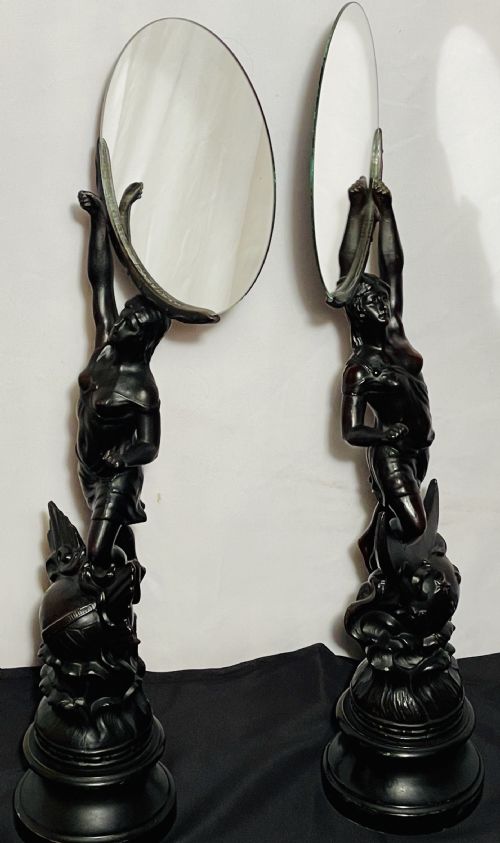 PAIR ART NOVEAU SPELTER FIGURE MIRRORS - ADDITIONAL PHOTO 5