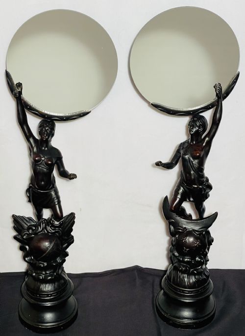 PAIR ART NOVEAU SPELTER FIGURE MIRRORS - ADDITIONAL PHOTO 9