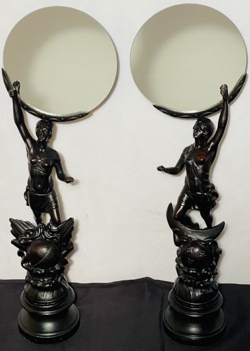 PAIR ART NOVEAU SPELTER FIGURE MIRRORS - ADDITIONAL PHOTO 10