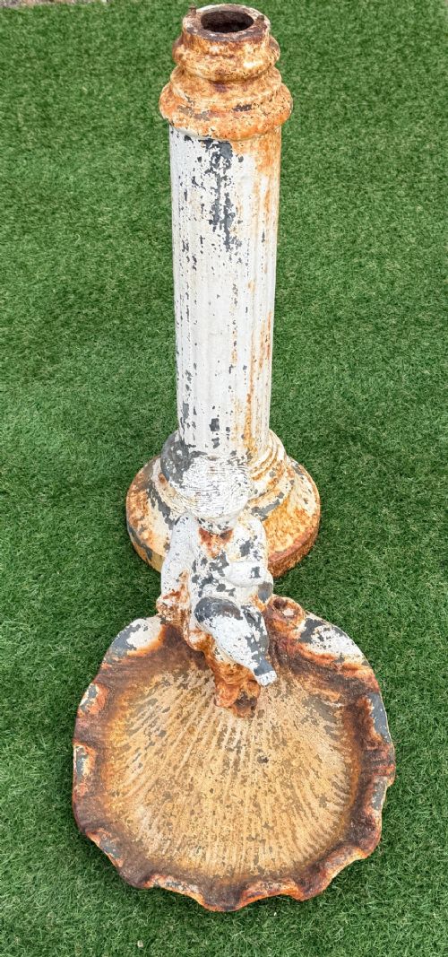 Late Victorian Cast Iron Shell Form Bird Bath with Seated Cherub on Column