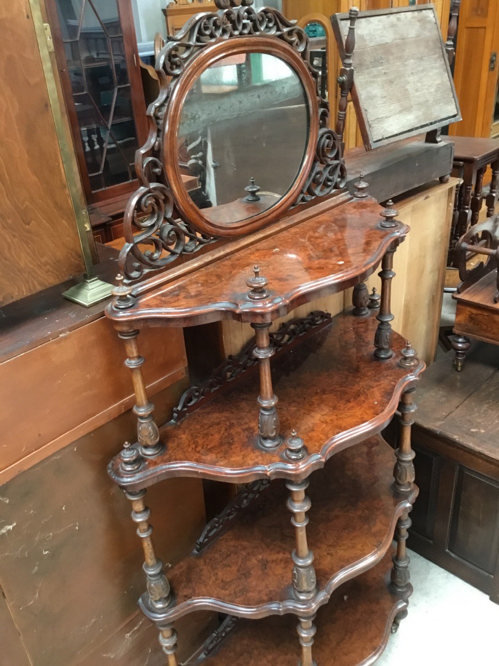 Burr Walnut Whatnot in original condition  View II