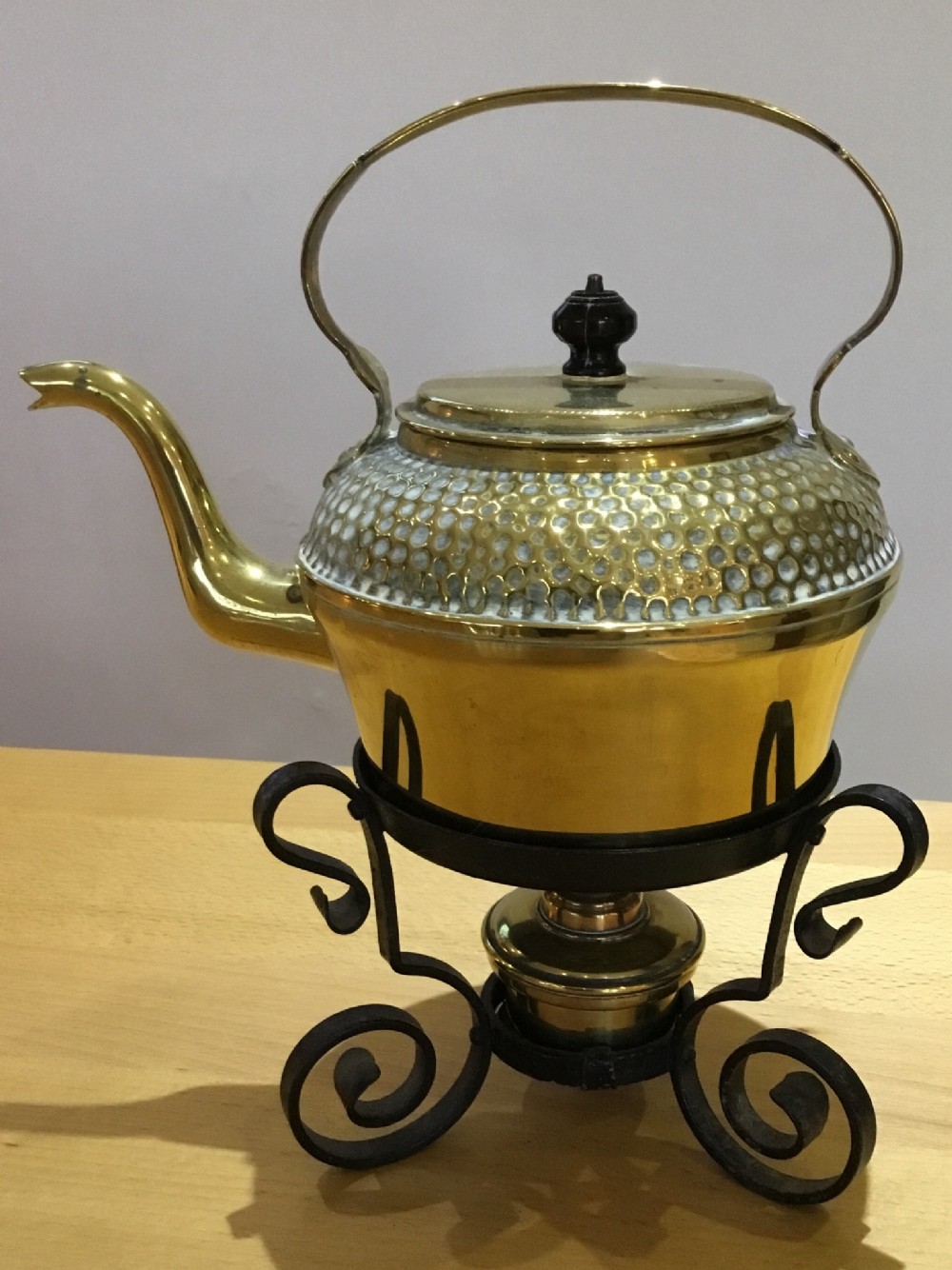 Victorian brass kettle & spirit burner on wrought iron stand