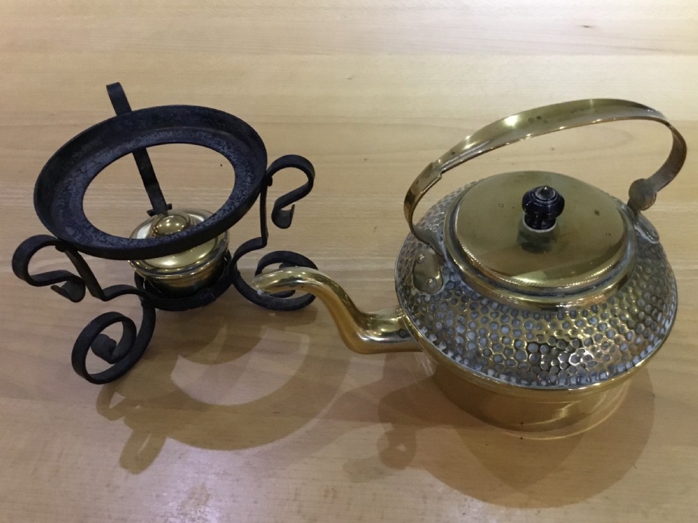 Victorian brass kettle & spirit burner on wrought iron stand View IV