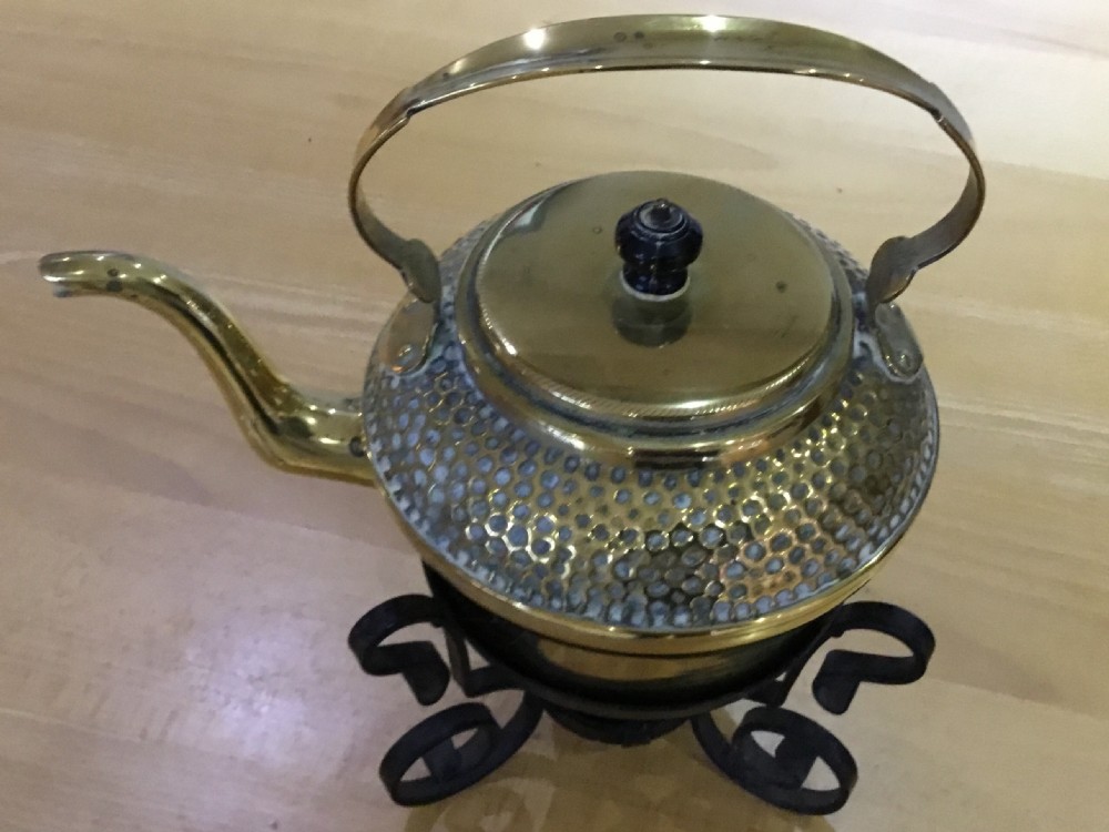Victorian brass kettle & spirit burner on wrought iron stand View VII