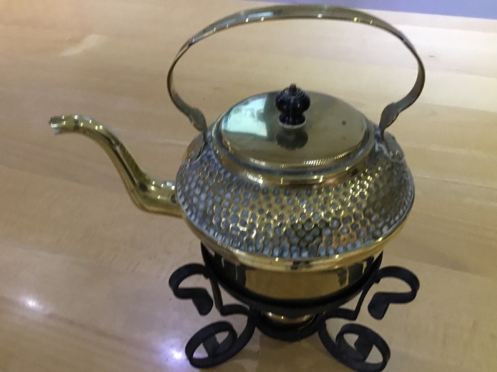 Victorian brass kettle & spirit burner on wrought iron stand View VIII