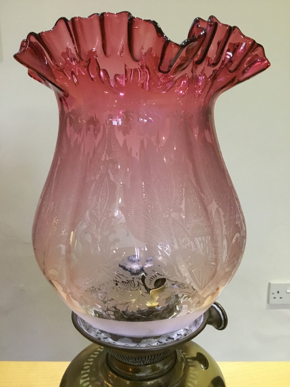 Oil Lamp with etched ruby glass shade, Victorian French.