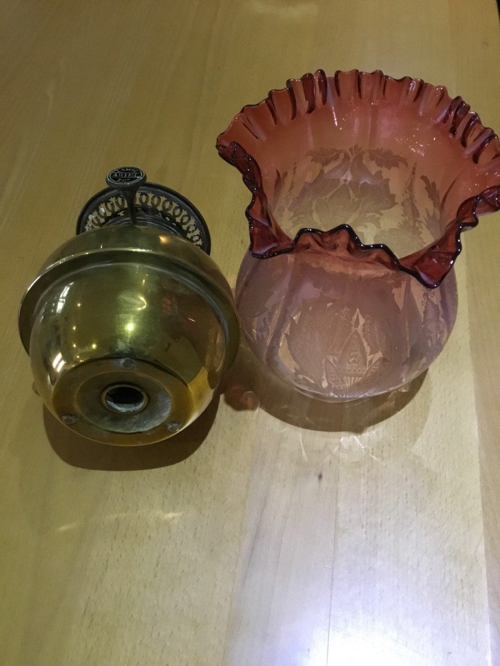 Oil Lamp with etched ruby glass shade, Victorian French. View VI