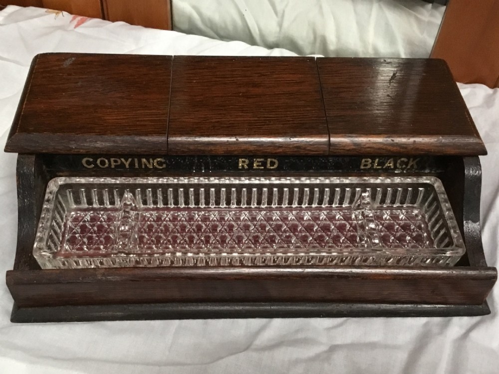Oak Triple Well Inkstand 