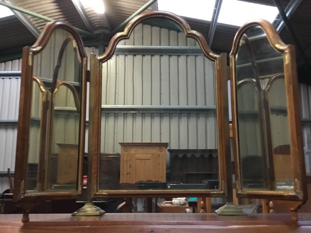 Trifold Mirror on Brass Columns,Walnut Framed & gilt decorated