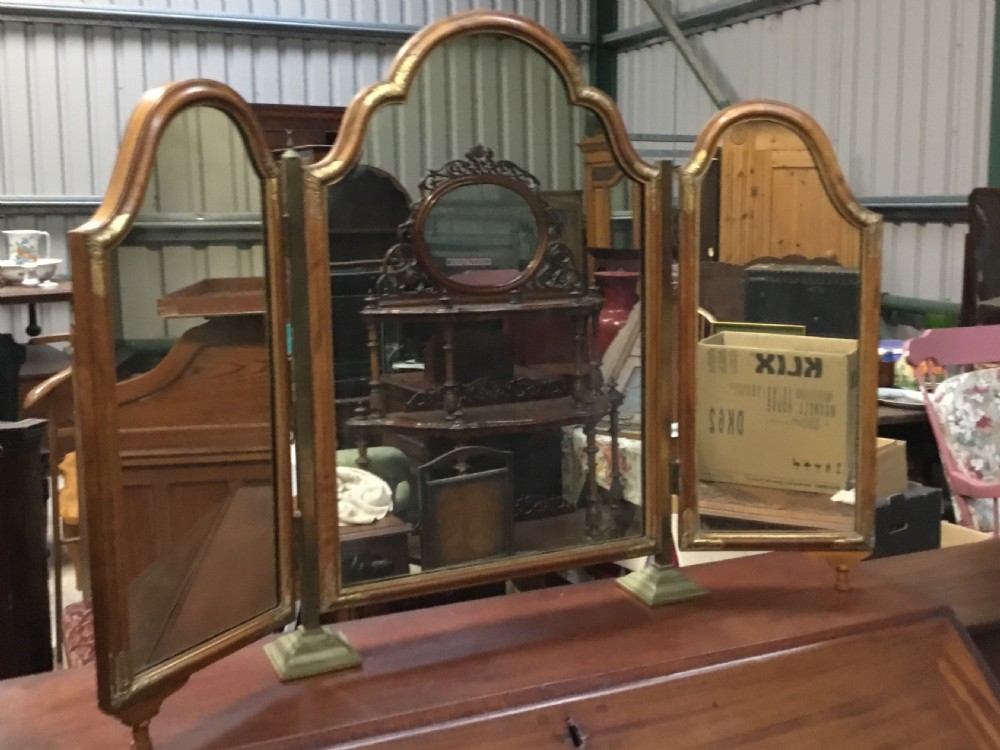 Trifold Mirror on Brass Columns,Walnut Framed & gilt decorated View II