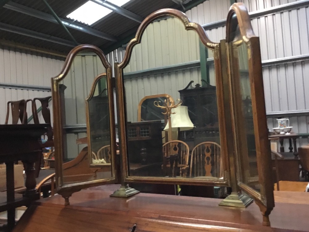 Trifold Mirror on Brass Columns,Walnut Framed & gilt decorated View III