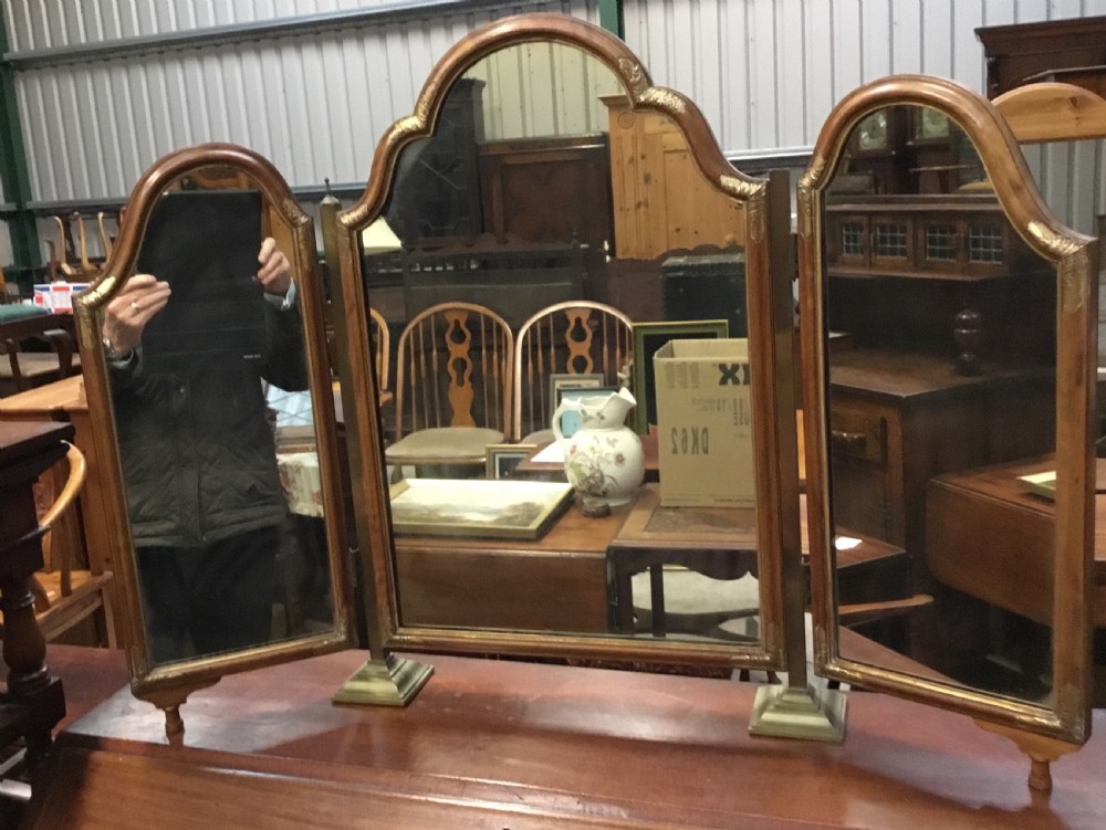 Trifold Mirror on Brass Columns,Walnut Framed & gilt decorated View V