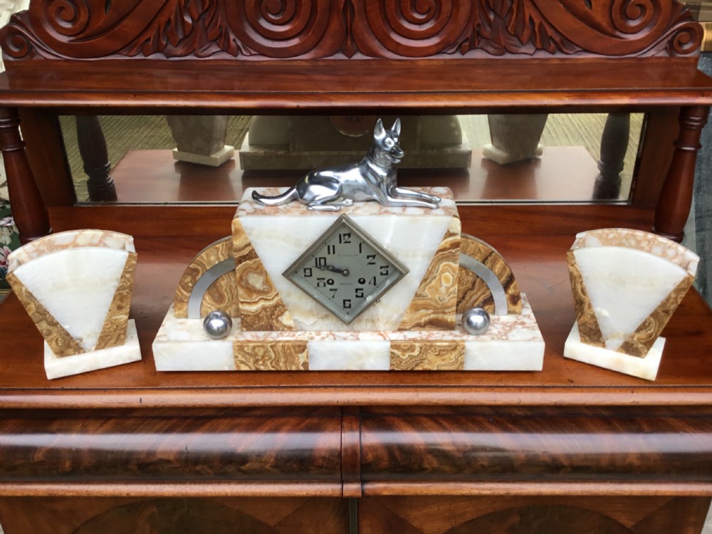 Art Deco Coloured Marble & Chrome Clock Set