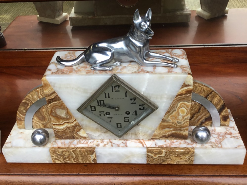 Art Deco Coloured Marble & Chrome Clock Set View II