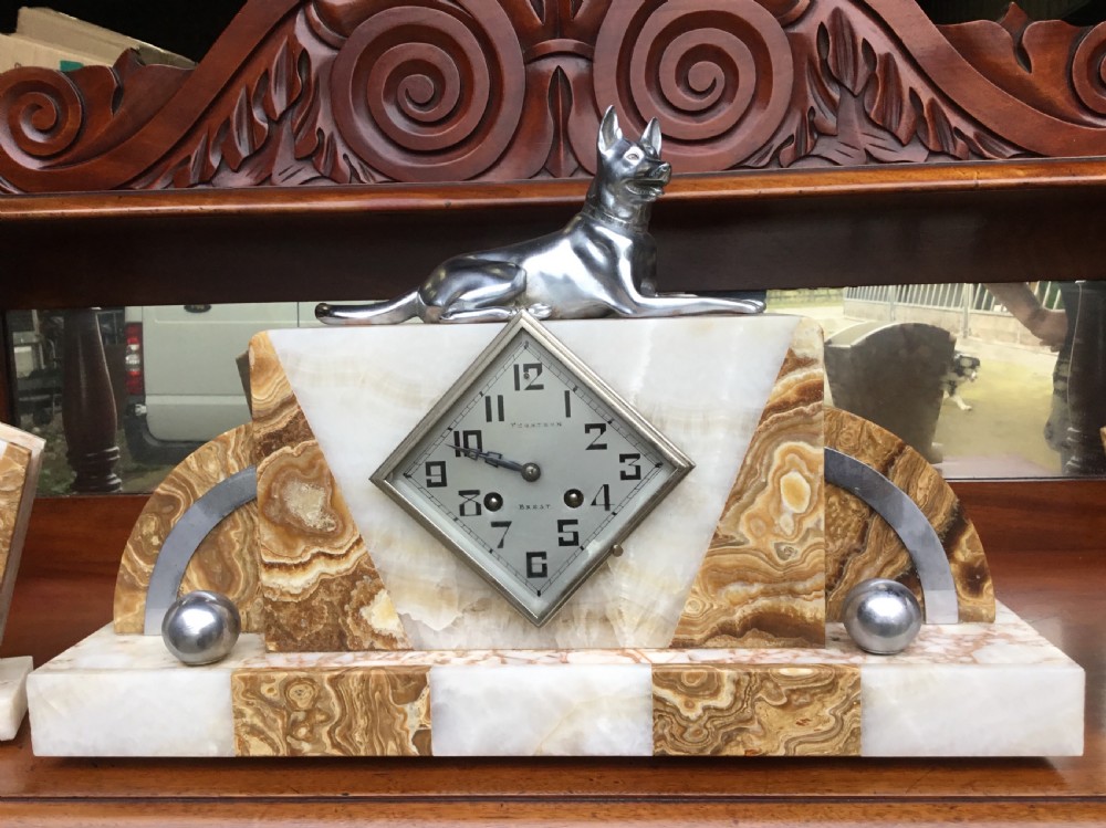 Art Deco Coloured Marble & Chrome Clock Set View III