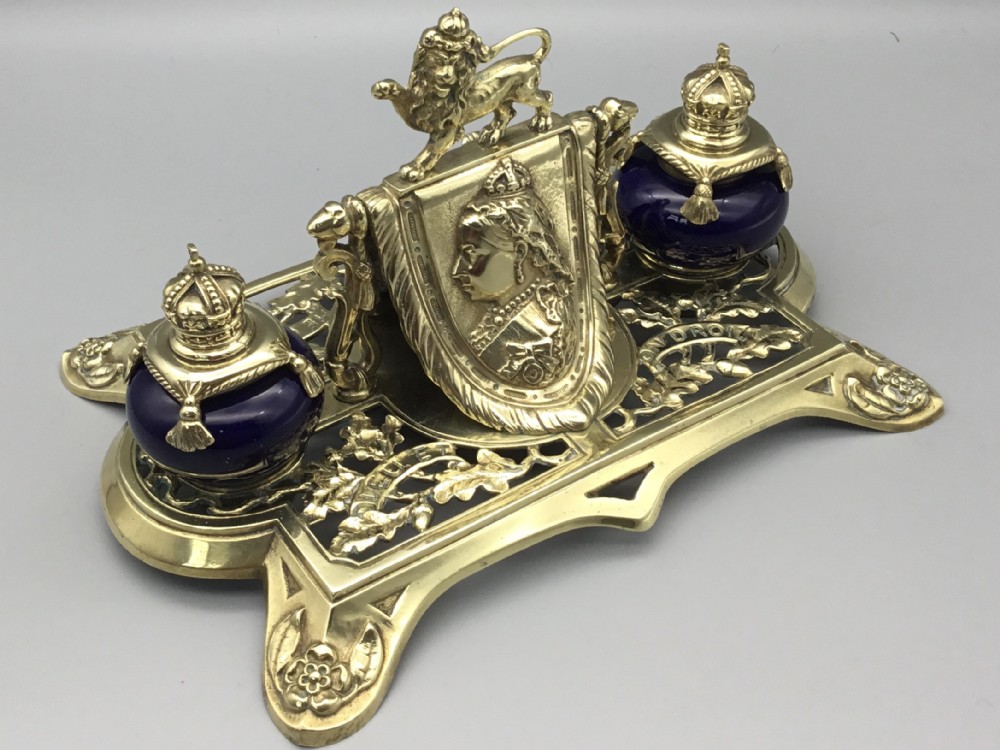 Exceptional Victorian Brass Gentleman’s Double Inkwell Desk Stand