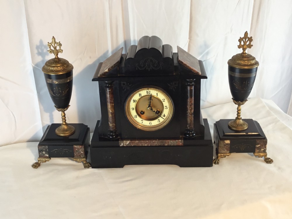 Victorian Garniture Clock Set, Slate, Marble & Gilt
