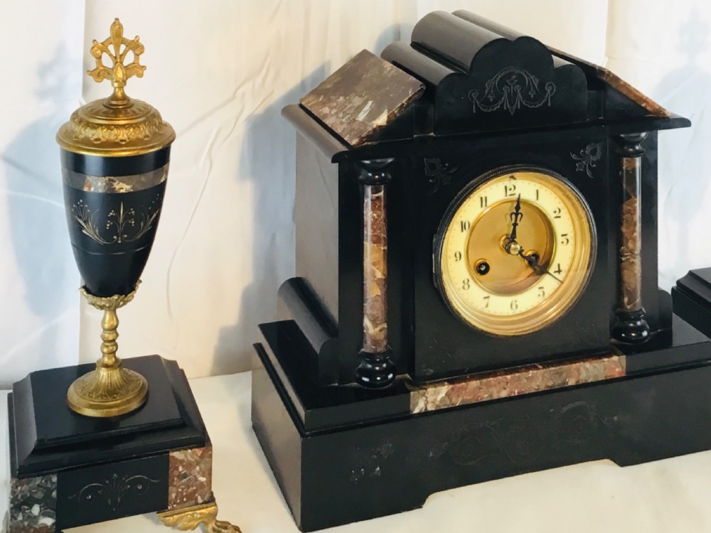 Victorian Garniture Clock Set, Slate, Marble & Gilt View III