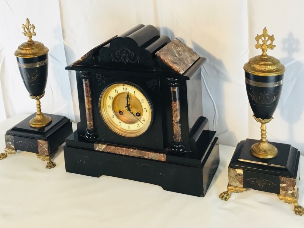 Victorian Garniture Clock Set, Slate, Marble & Gilt View V