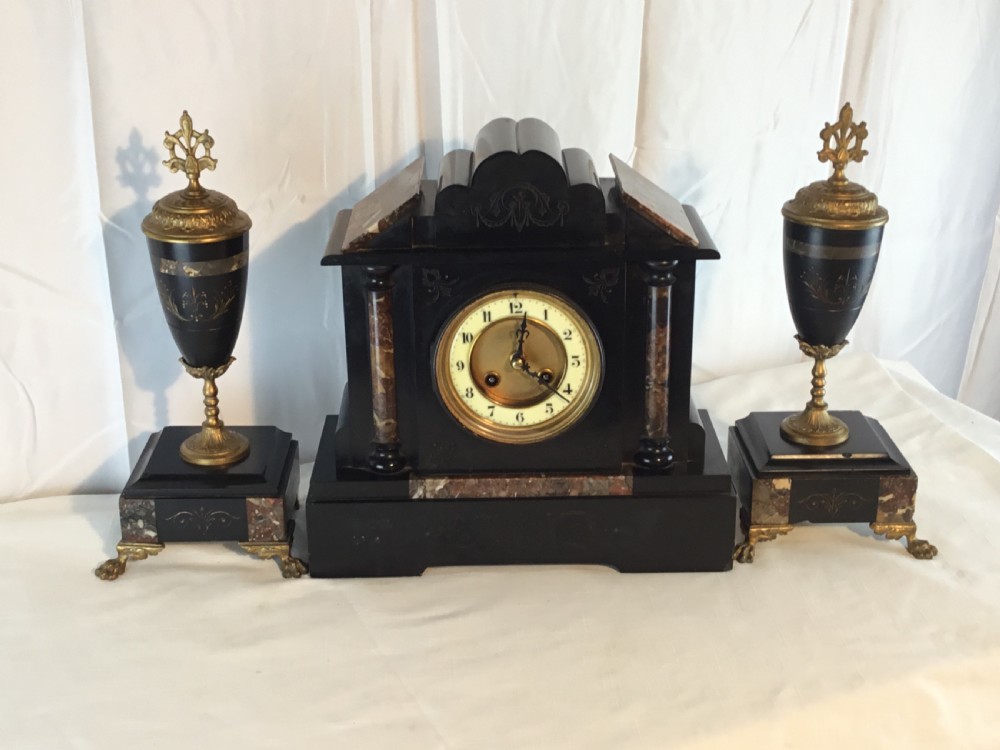 Victorian Garniture Clock Set, Slate, Marble & Gilt View VIII