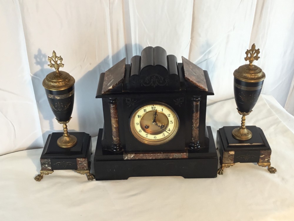 Victorian Garniture Clock Set, Slate, Marble & Gilt View IX