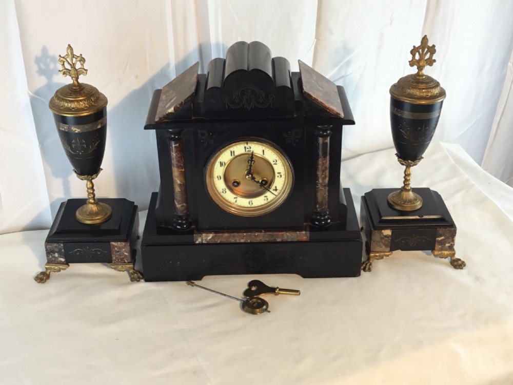 Victorian Garniture Clock Set, Slate, Marble & Gilt View X