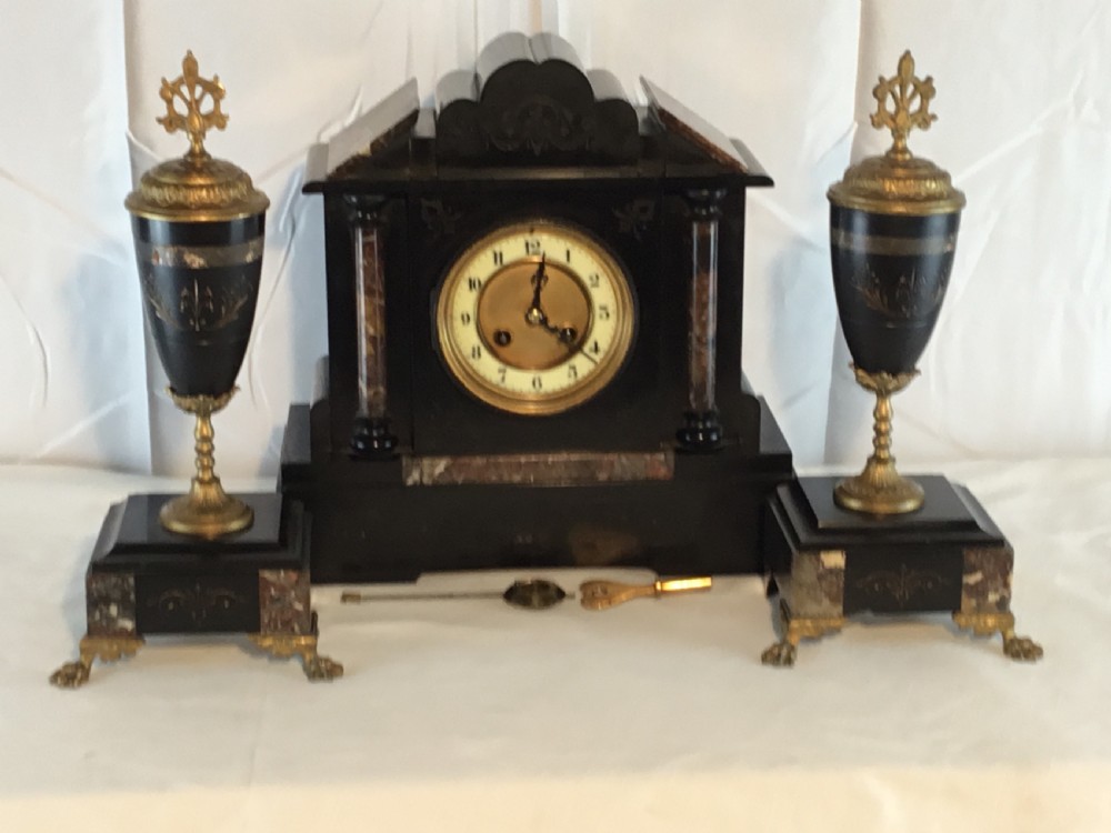 Victorian Garniture Clock Set, Slate, Marble & Gilt View XIII