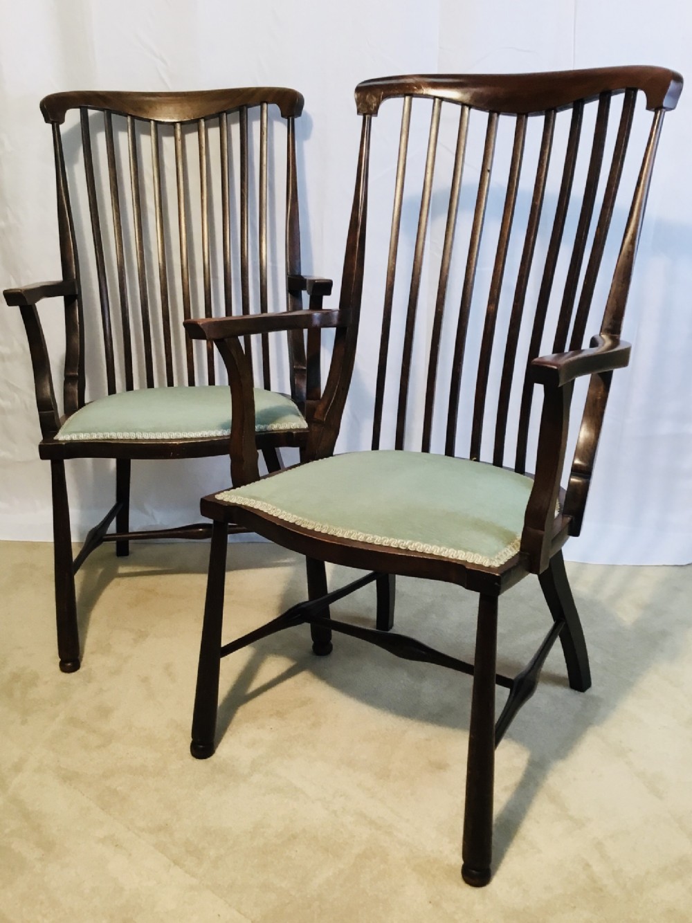Pair Open Arm Lathback Armchairs 