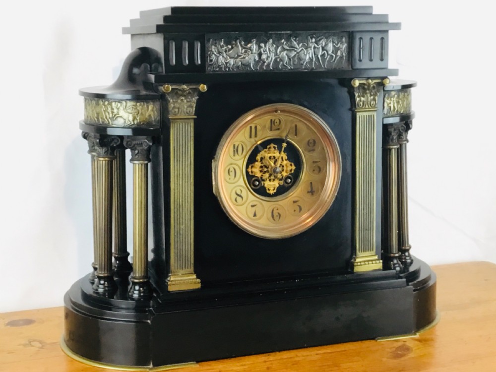 Large Slate Mantel Clock in style of Greek Temple View IV