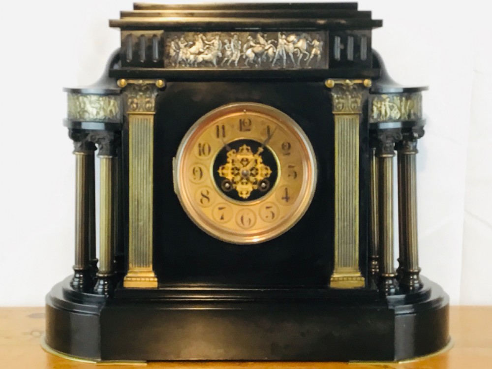 Large Slate Mantel Clock in style of Greek Temple View XIII