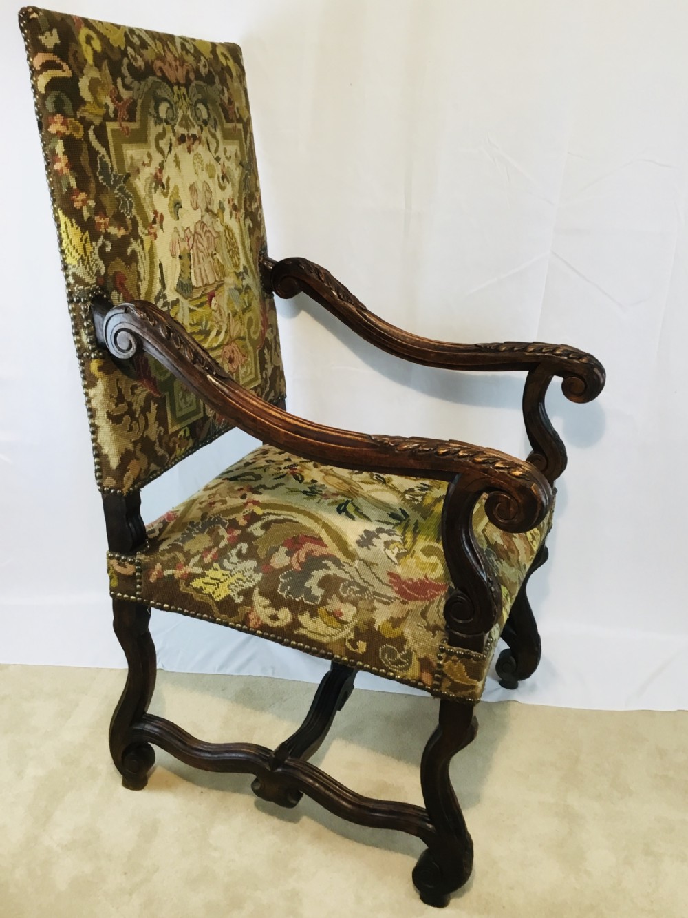 Victorian Tapestry Walnut Framed Open Armchair