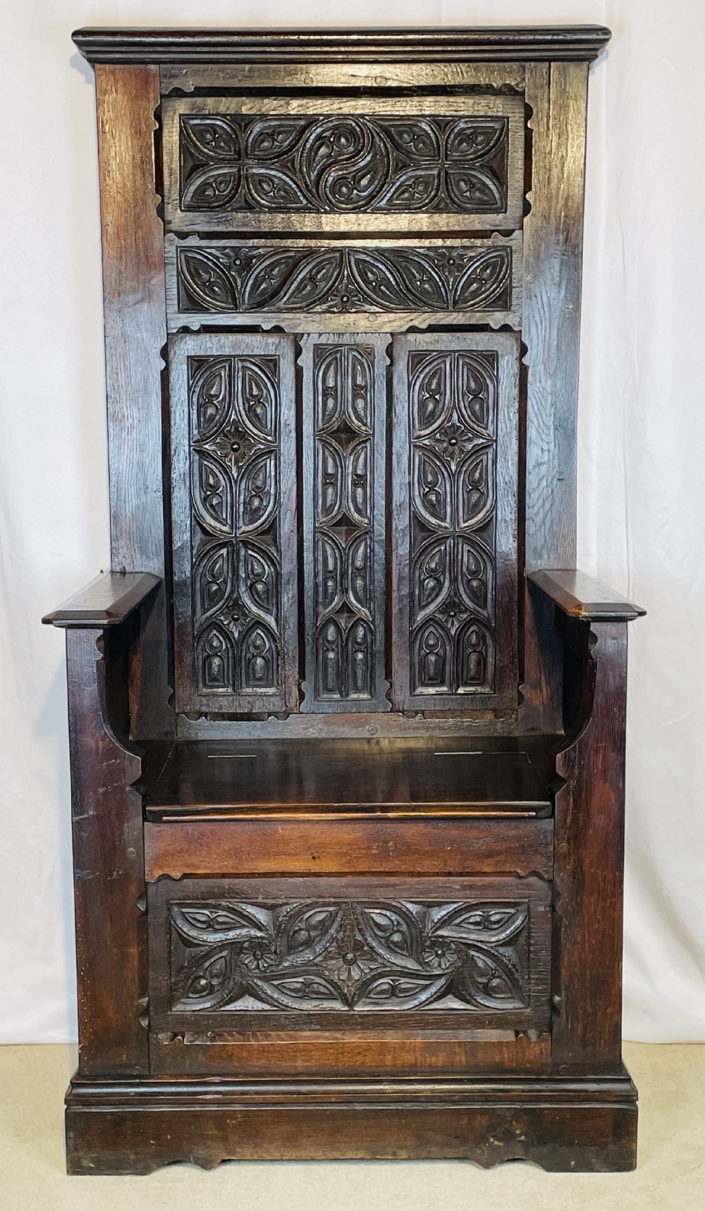 Carved Oak Hall Porters Box Seat Bench