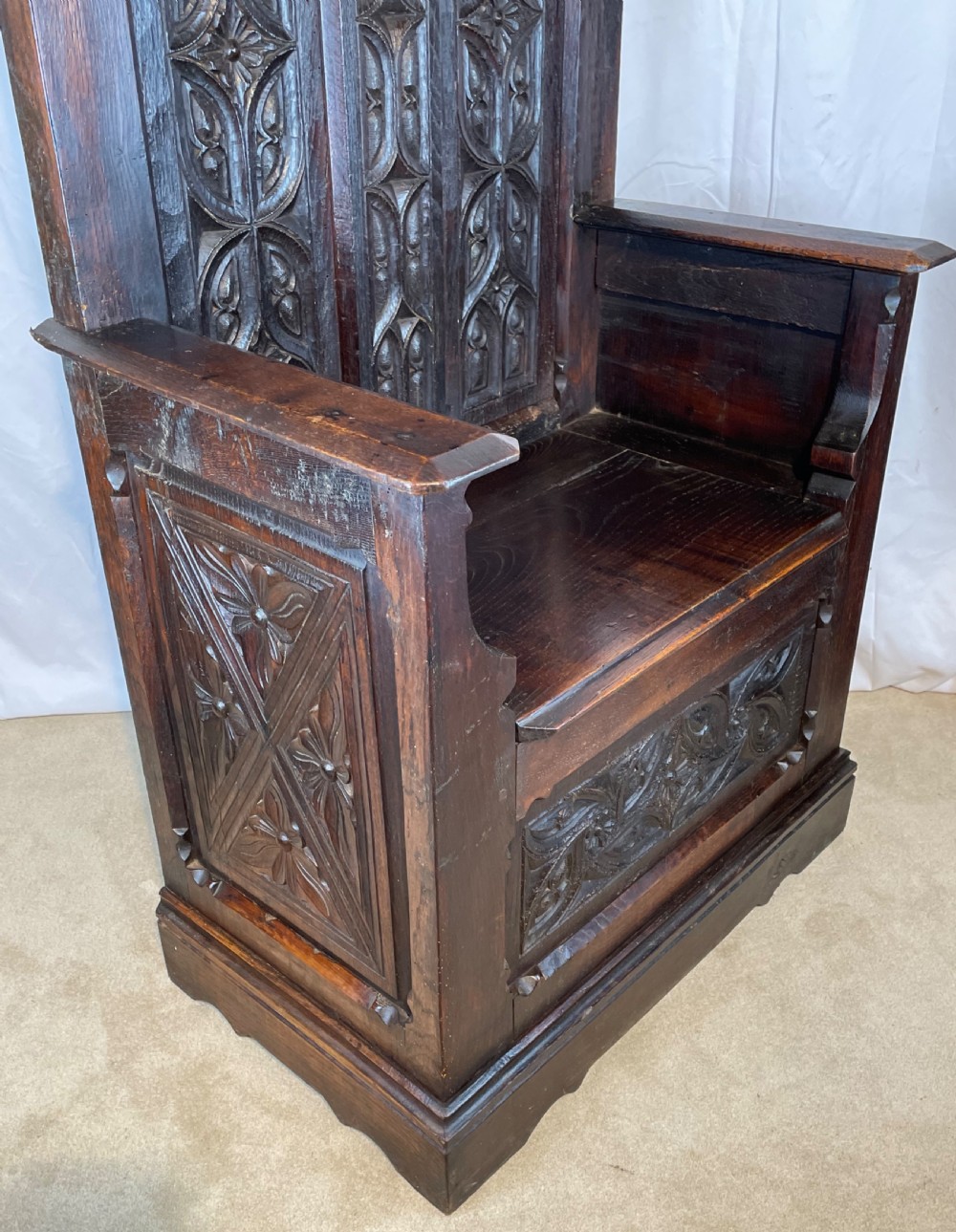 Carved Oak Hall Porters Box Seat Bench View V
