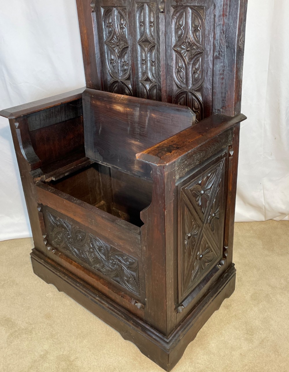Carved Oak Hall Porters Box Seat Bench View VI
