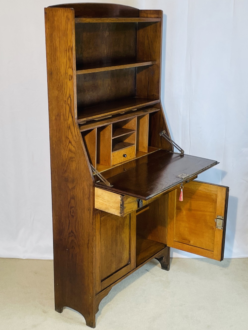 Slim 1920’s Honey Oak Bureau bookshelf Cabinet
